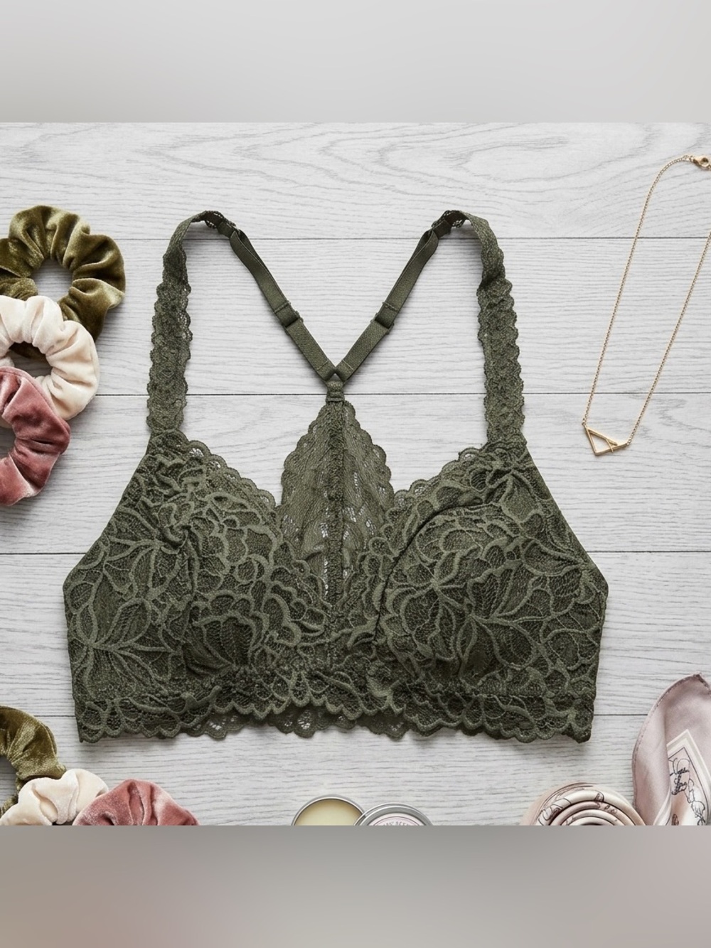 Xhilaration Olive Green Lace Bralette with Scalloped Trim